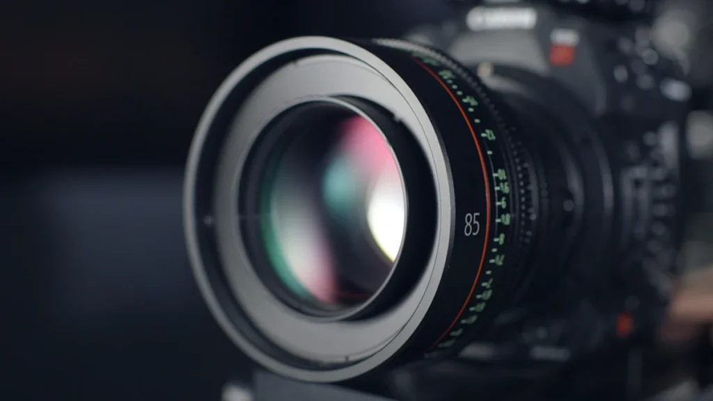 Close view of a cinema prime lens with focus markings