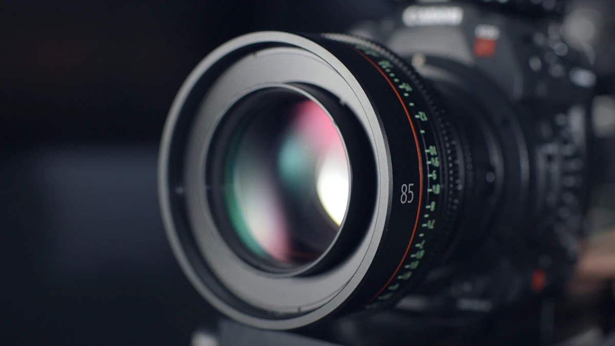 Close view of a cinema prime lens with focus markings